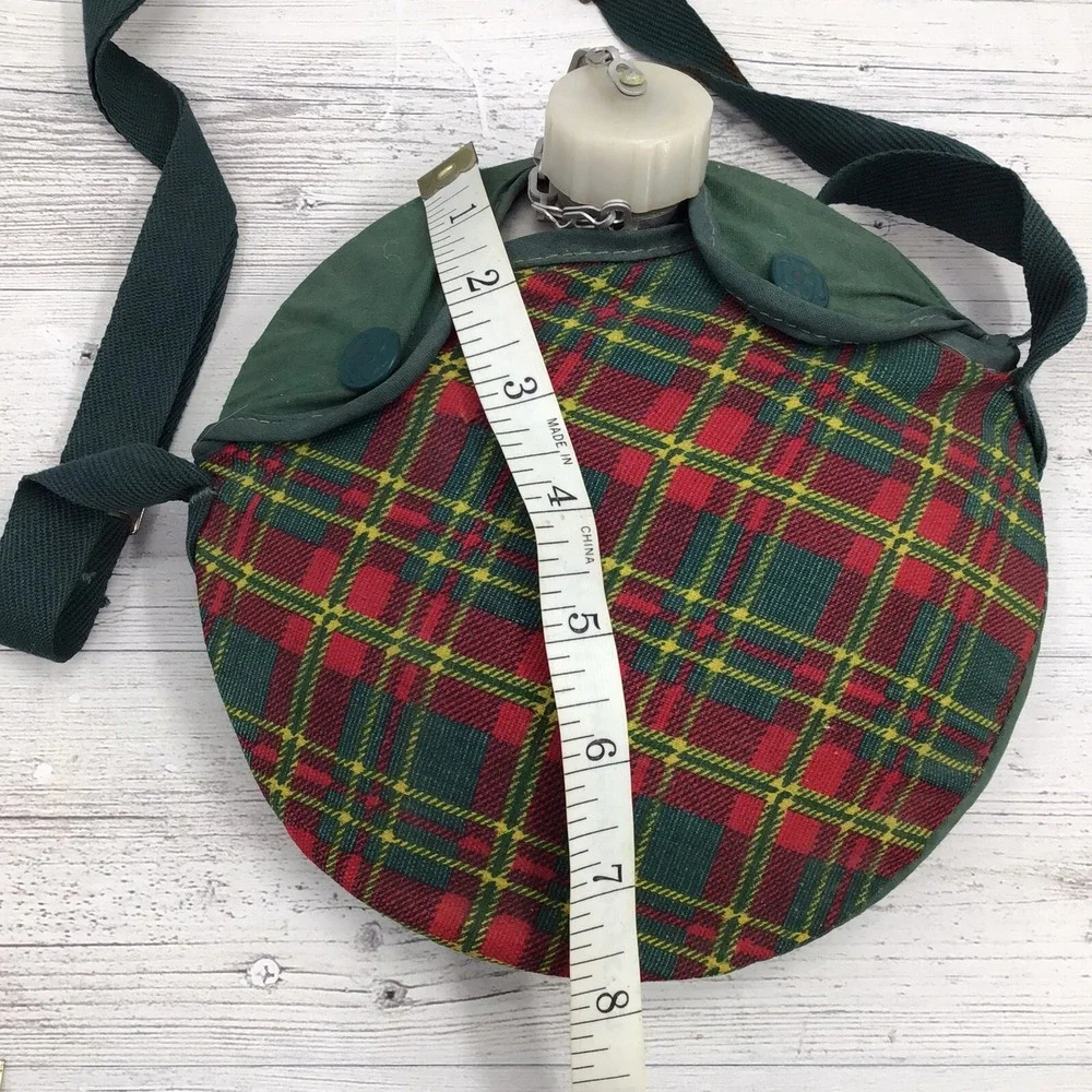 Vintage 1960s Girl Scouts 1 Quart Aluminum Canteen Green Plaid Cover & Strap - Picture 9 of 9